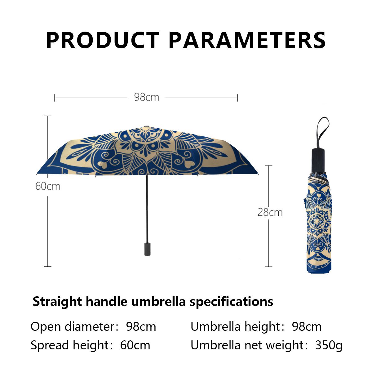 Elegant Navy Blue Gold Mandala Boho Christmas Brushed Polyester Umbrella No.XG8QER