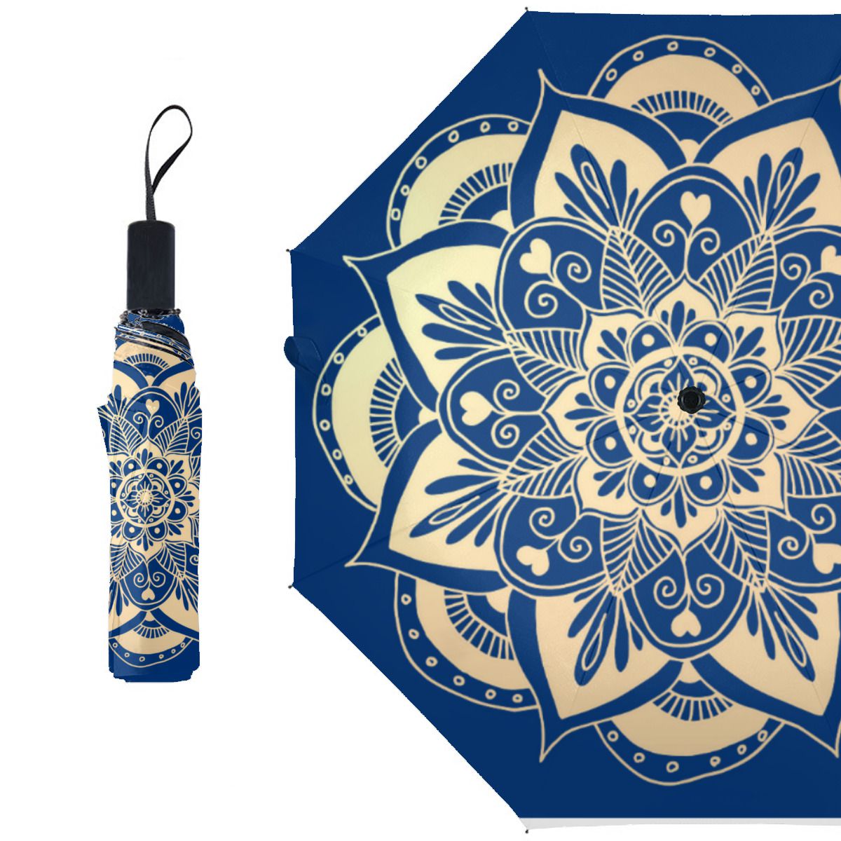 Elegant Navy Blue Gold Mandala Boho Christmas Brushed Polyester Umbrella No.XG8QER