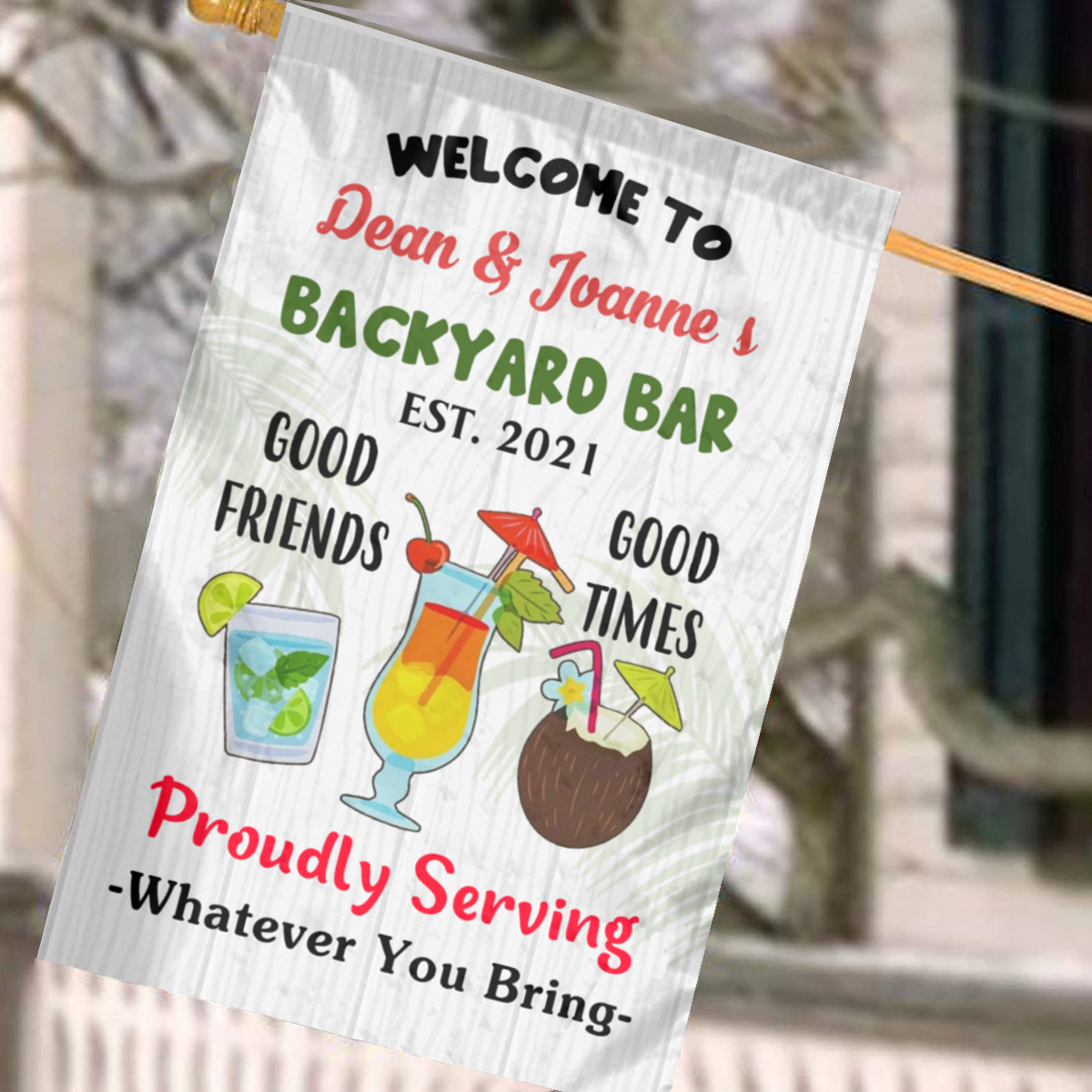 Personalized Name Backyard Bar Gardening Proudly Serving Flag