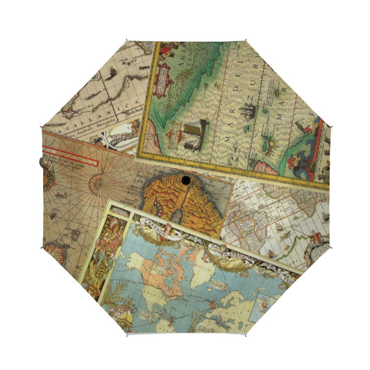 Vintage Map Print Brushed Polyester Umbrella No.Y2CGPD