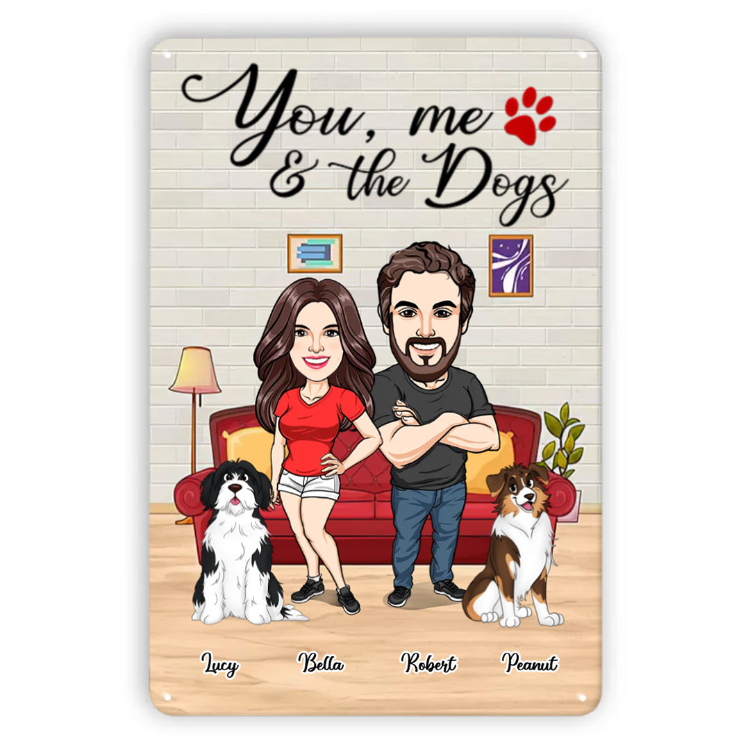 You Me & The Dogs Caricature Couple Cute Sitting Dog Personalized Vertical Metal Signs