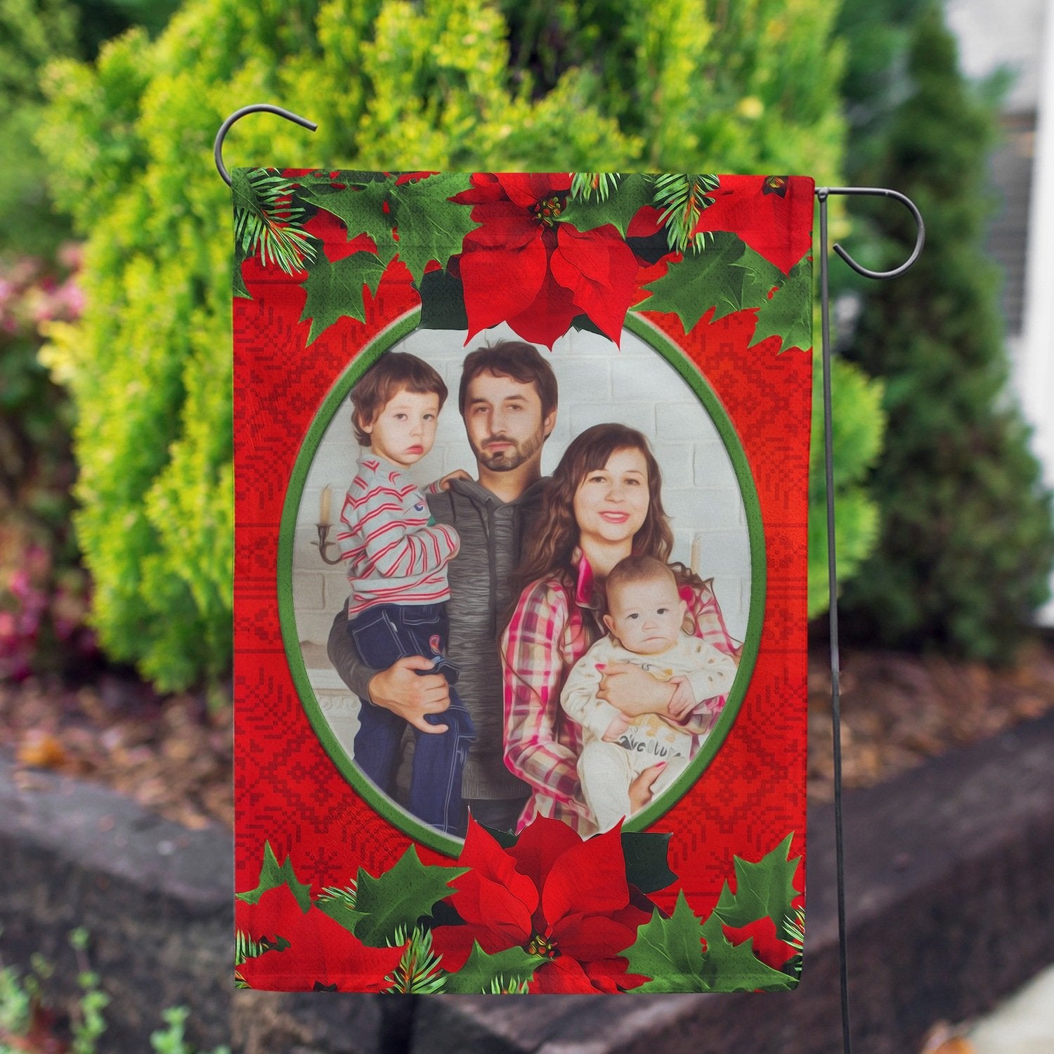 Personalized Red Poinsettia House Flag & Garden Flag