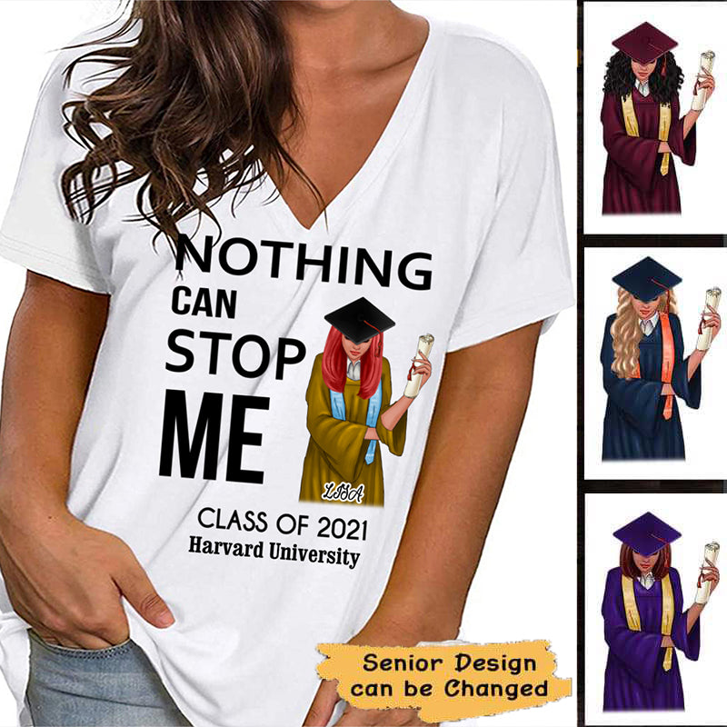 Nothing Can Stop Me Senior 2021 Modern Personalized Womens Short Sleeve Tops V Neck Casual Flowy
