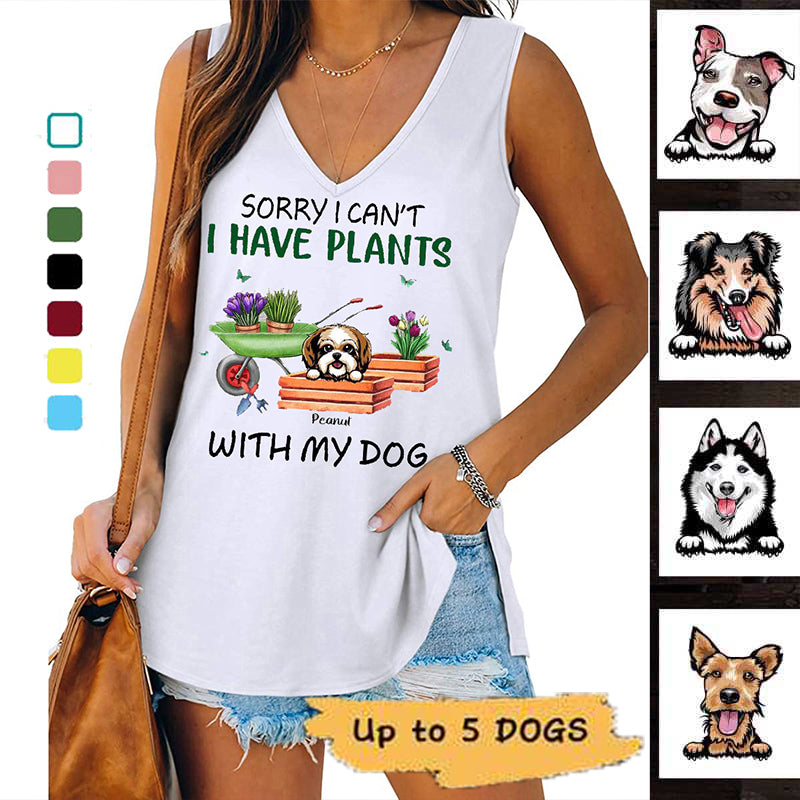 I Have Plants With My Dogs Gardening Personalized Women Tank Top V Neck Casual Flowy Sleeveless