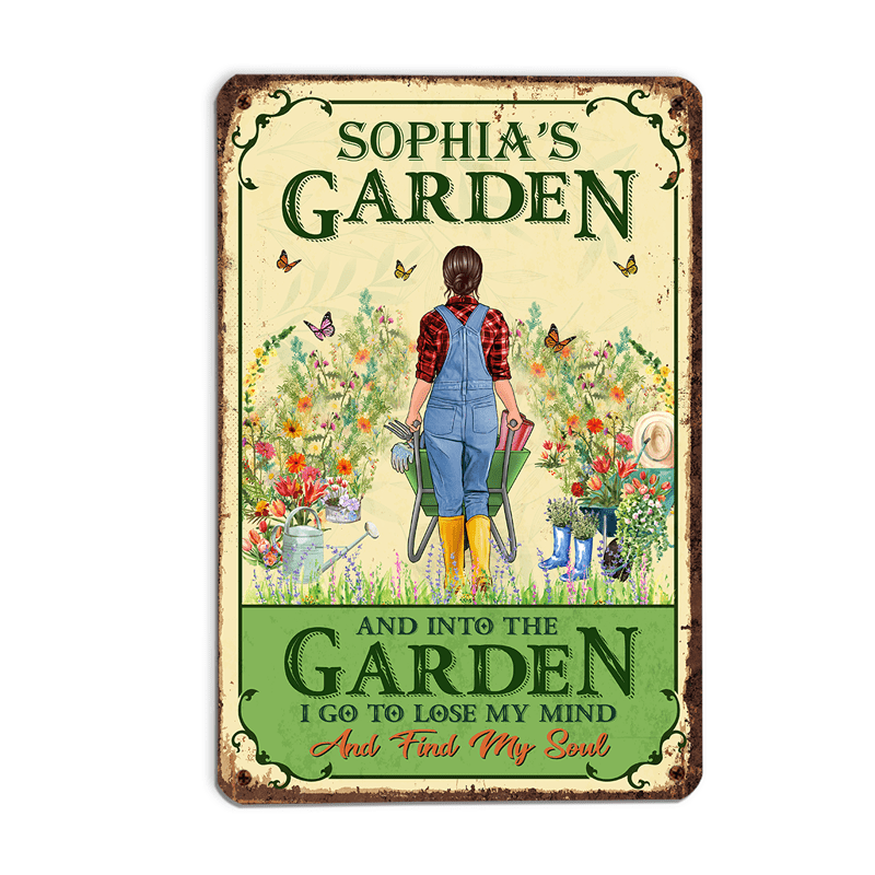 Gardening Girl Back View Into The Garden Personalized Metal Sign