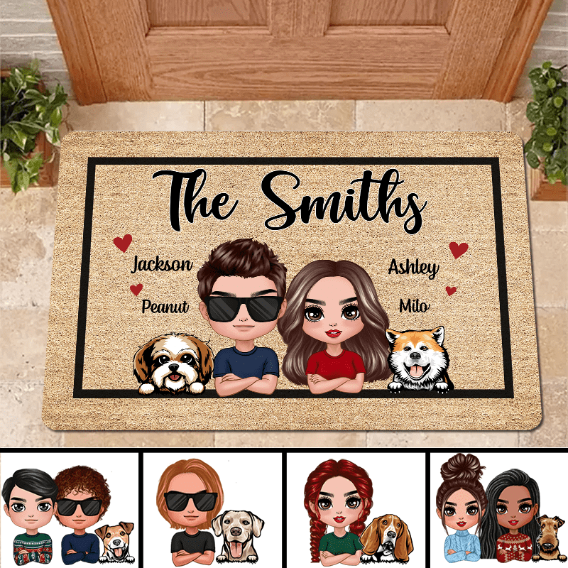 Doll Couple And Dogs Frame Welcome Personalized Doormat