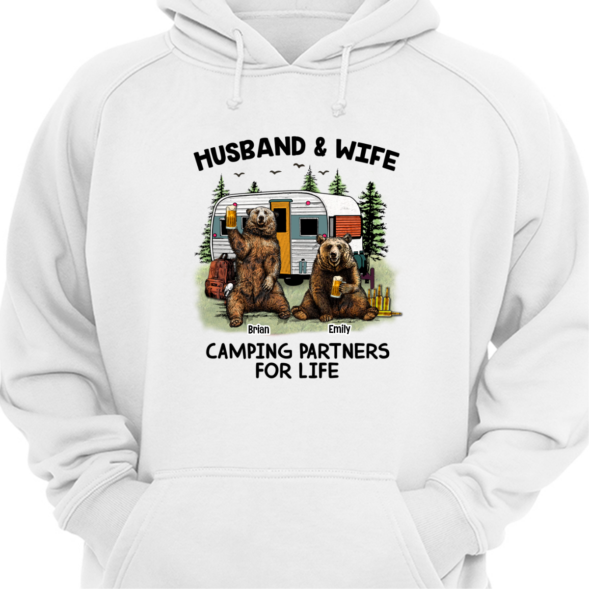 Personalized Couple Bear Husband Wife Camping Hoodie Sweatshirt