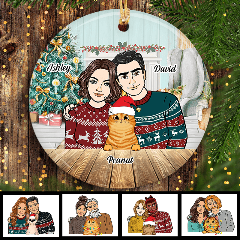 Front View Couple And Cats Personalized Circle Ornament