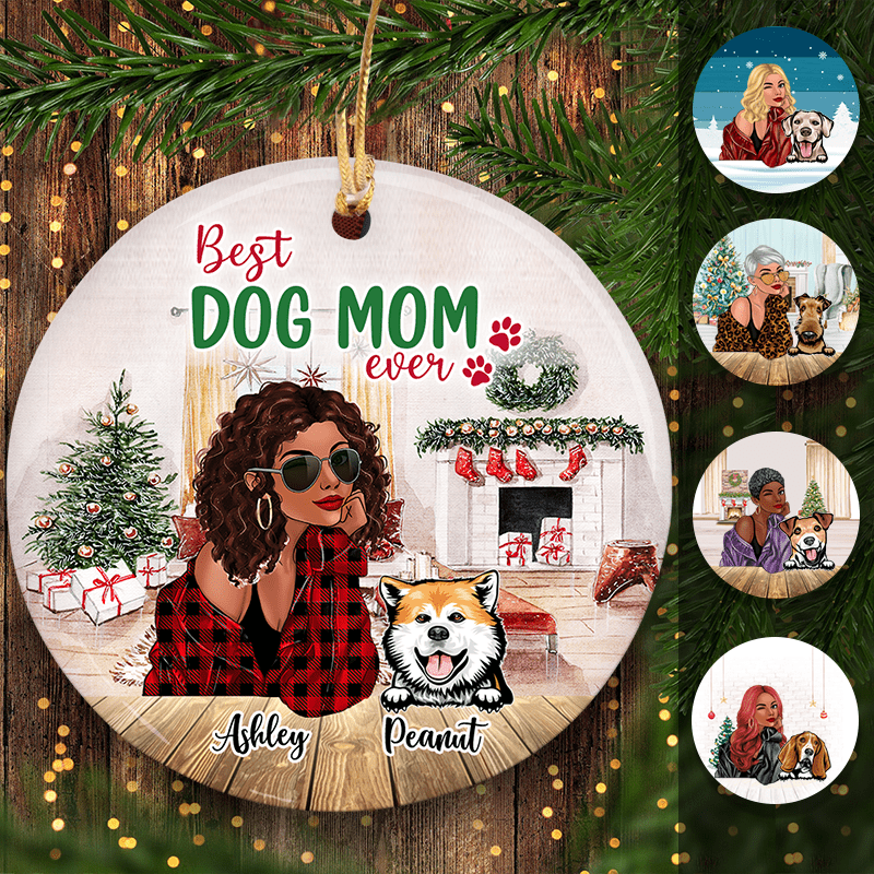 Best Dog Mom Ever Fashion Girl Peeking Dog Personalized Circle Ornament