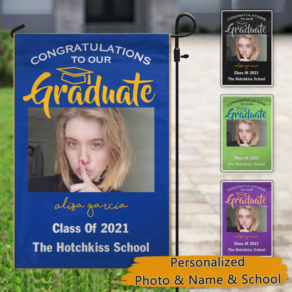 Photo Congrats Royal Blue Gold Yellow Graduation Garden & House Flag