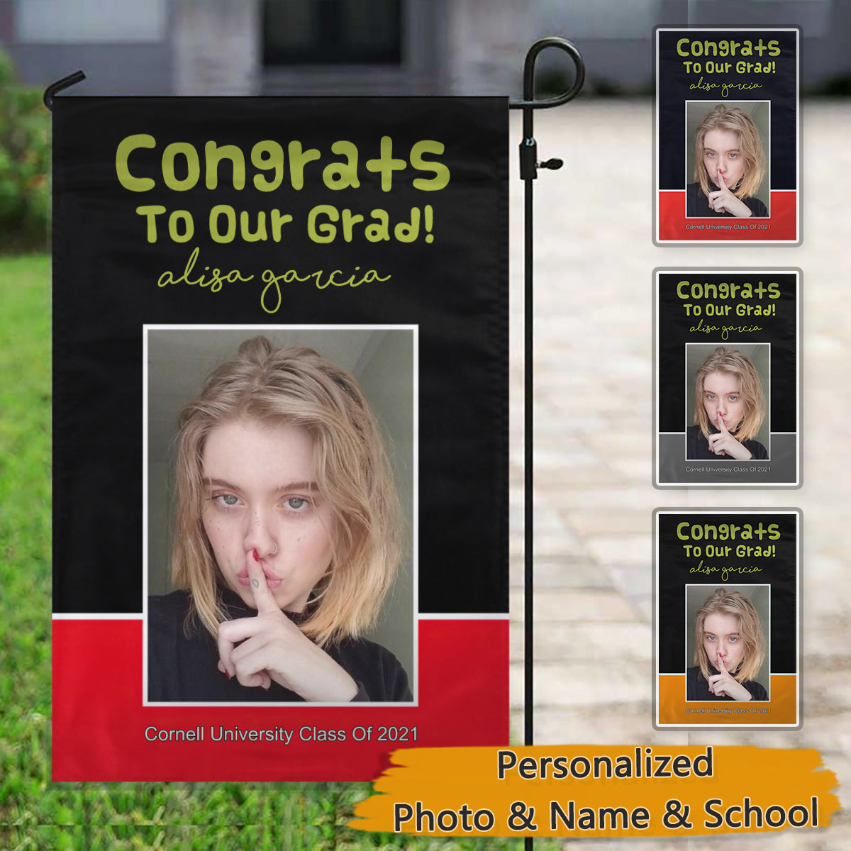 おめでとう卒業生の名前の写真黒赤金の庭と家の旗