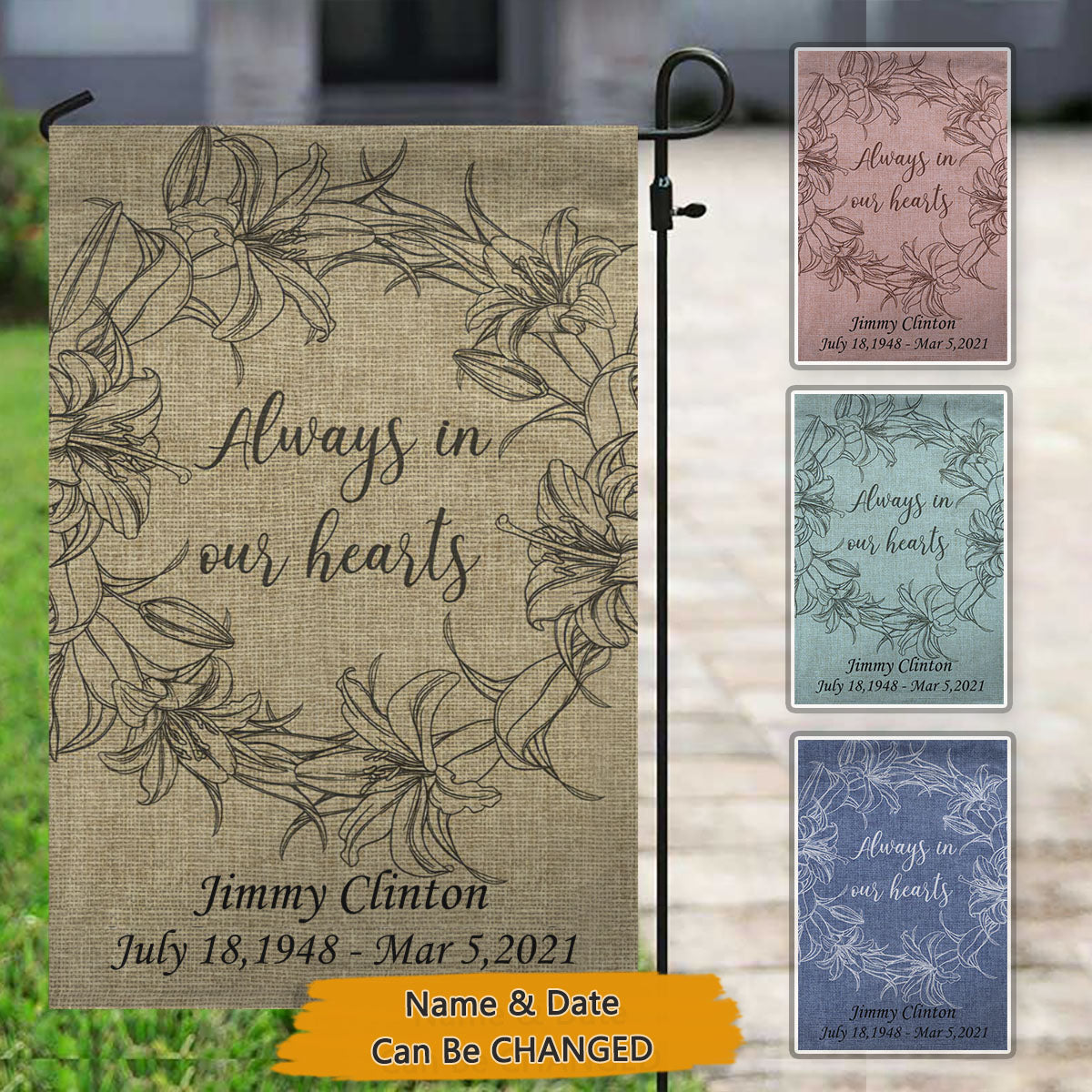 Personalized Always In Our Hearts Burlap Garden Flag