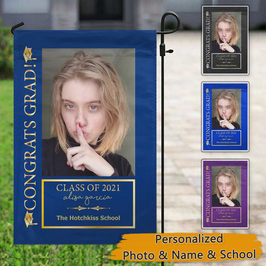 Blue  Gold Photo Class of 2021 Congrats Grad Garden & House Flag