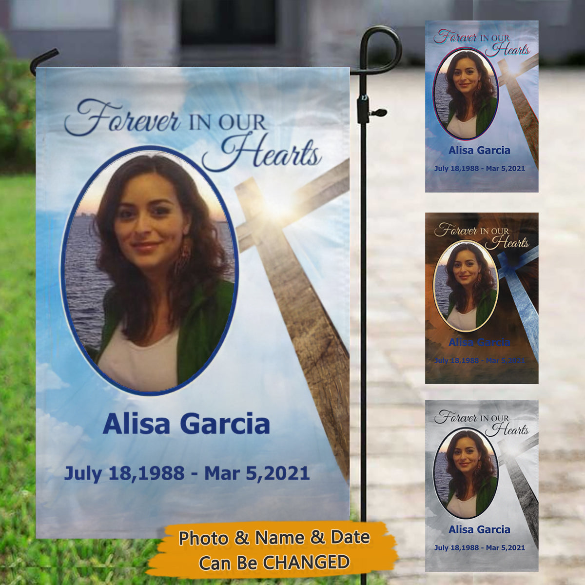 Forever in our Hearts Cross Personalized Photo Memorial Garden Flag