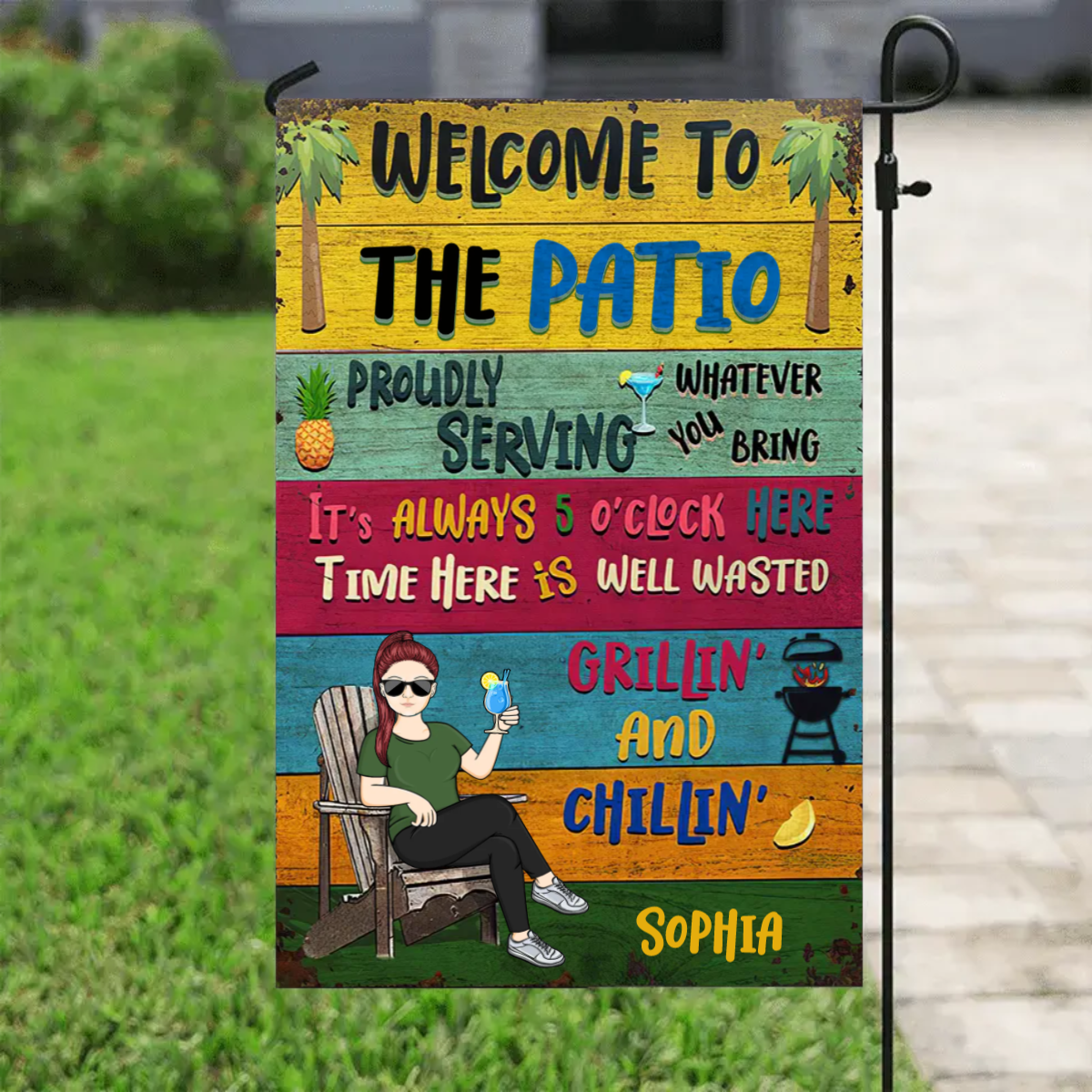 Patio Welcome Grilling Proudly Serving Whatever You Bring Single - Backyard Sign - Personalized Garden Flag