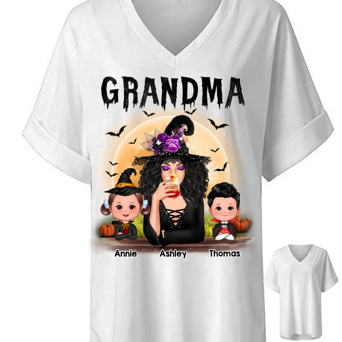 Grandma Mom Witch With GrandKids Halloween Personalized Custom V-Neck Shirt