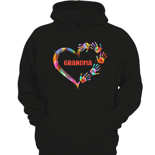 Mom Grandma Colorful Heart Hand Print Personalized Hoodie Sweatshirt