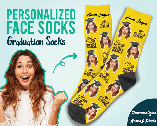 Custom Graduation Face Socks, Personalized Name & Photo Socks