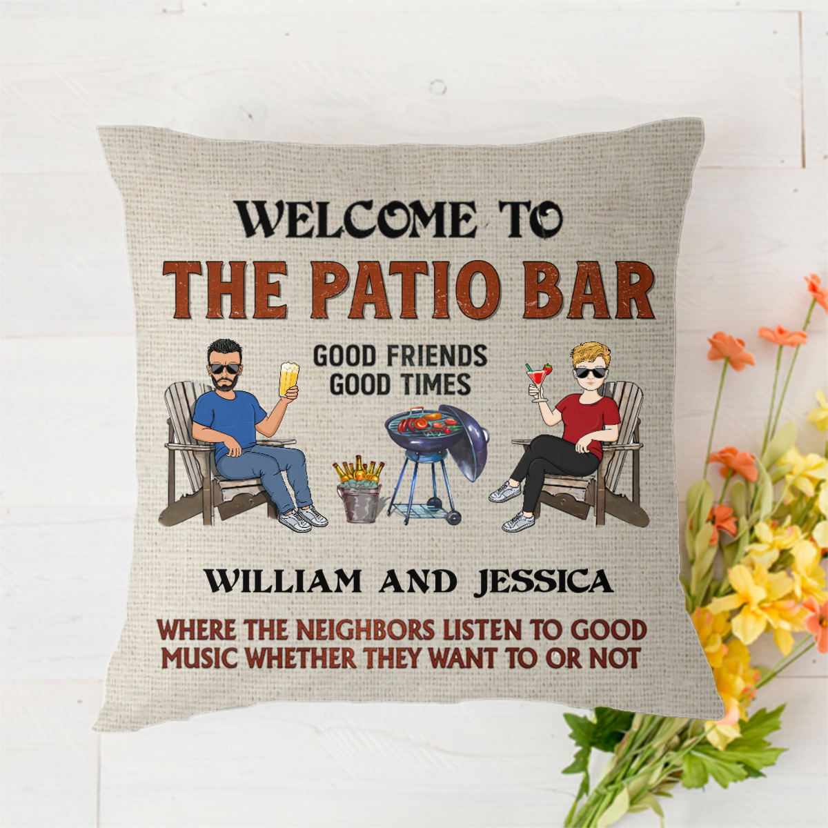 Patio Grilling Listen To The Good Music Couple Husband Wife - Personalized Polyester Linen Pillow