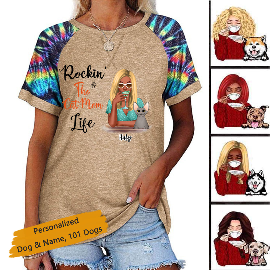 Rockin‘ Cat Mom Life Cocktail Girl Personalized Custom Printed raglan sleeve round neck T-shirt