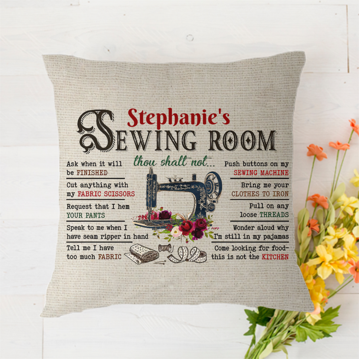 Personalized Sewing Room Rules Polyester Linen Pillow