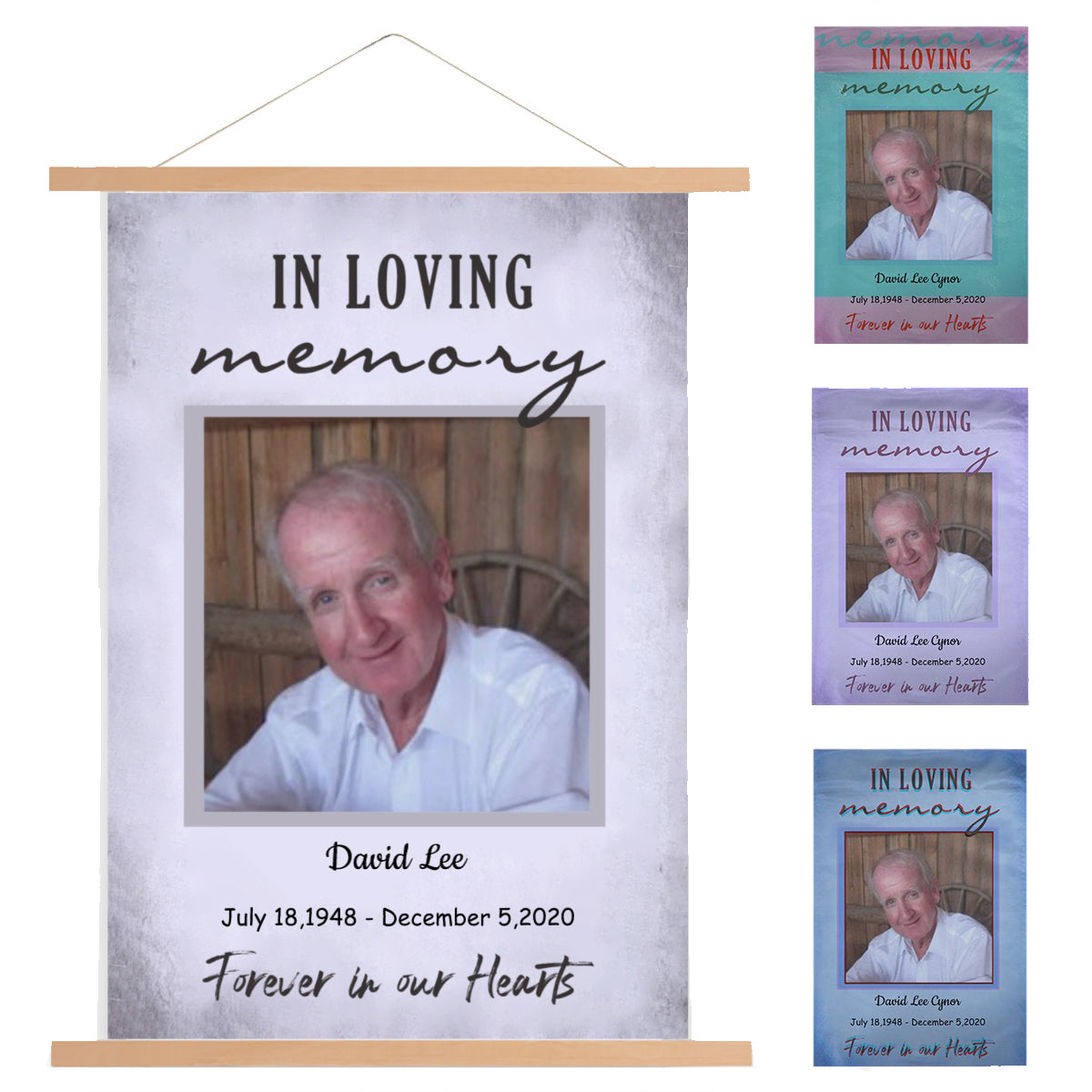 Memorial Scroll Painting, In Loving Memory of, Forever in our hearts With Wooden Poster Hanger