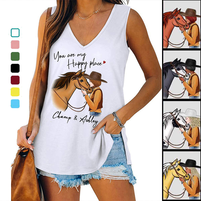 You Are My Happy Place Horse And Girl Personalized Women Tank Top V Neck Casual Flowy Sleeveless