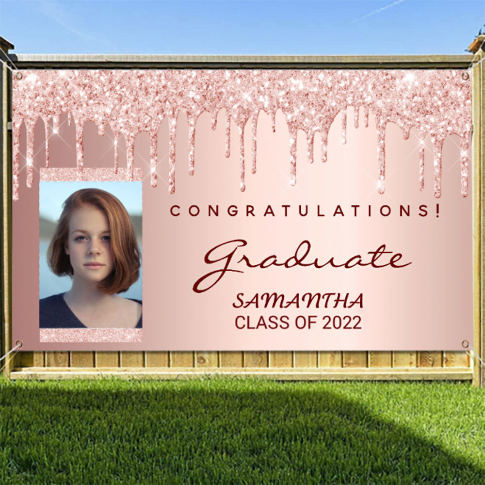 Graduation party 2022 photo rose gold glitter drip banner