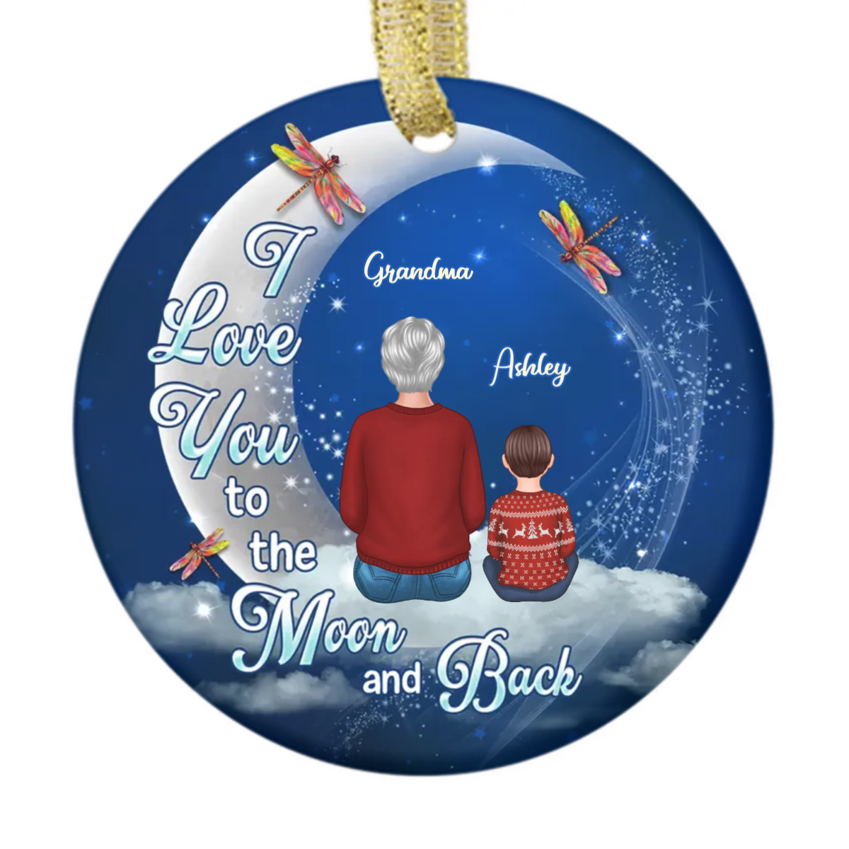 To The Moon And Back Dragonfly Grandma Grandkid Personalized Circle Ornament