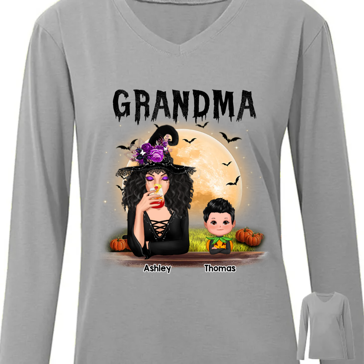 Grandma Mom Witch With GrandKids Halloween Personalized Long Sleeve Shirt