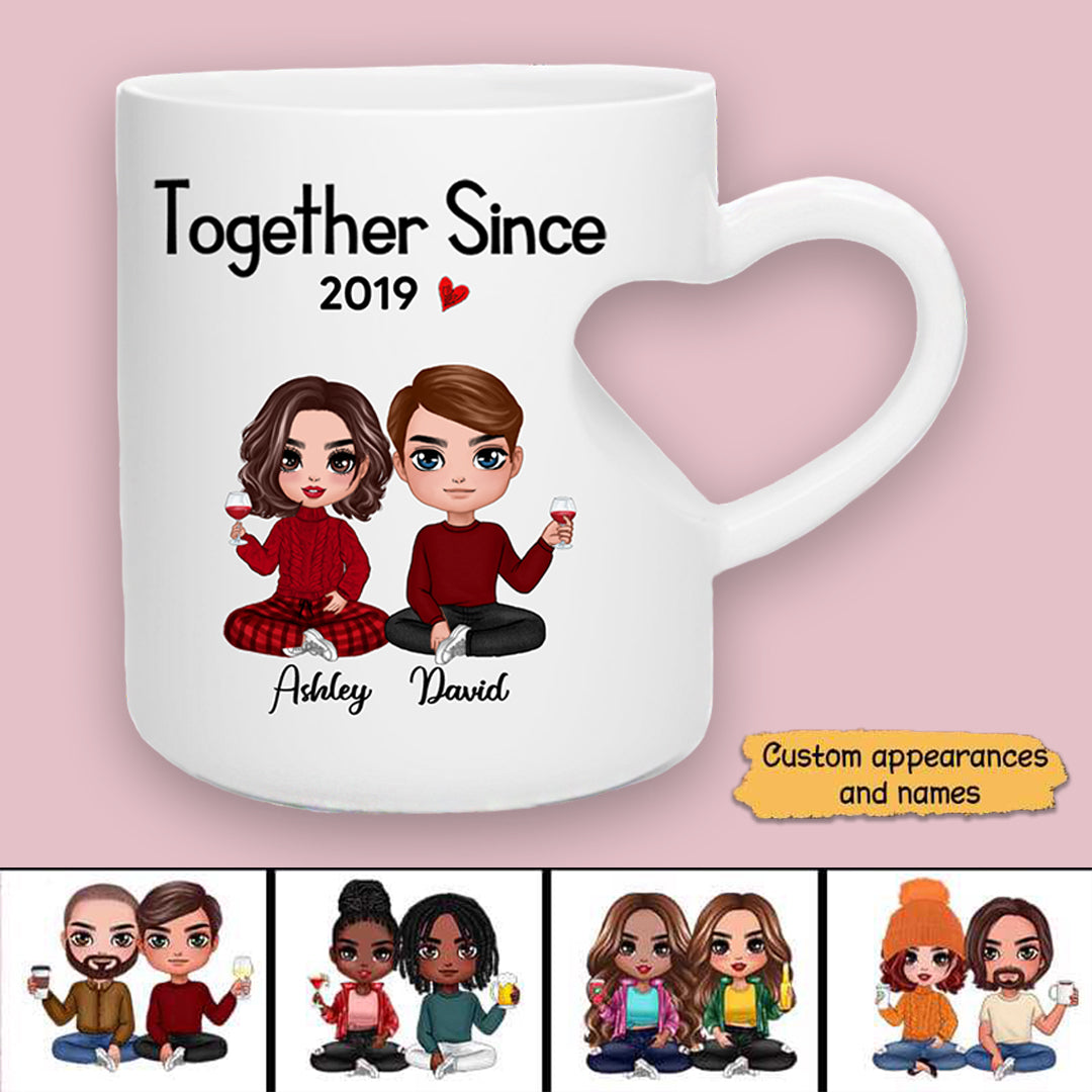 Doll Couple Sitting Valentine's Day Gift For Him For Her Personalized Heart Mug
